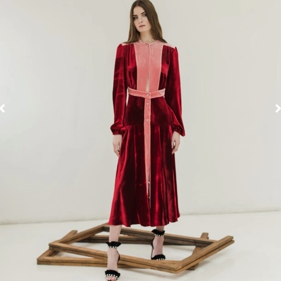 RAQUEL DINIZ EVA RUBY ROSE QUARTZ VELVET LONG SLEEVE CUTOUT A LINE MIDI DRESS - Picture 1 of 14